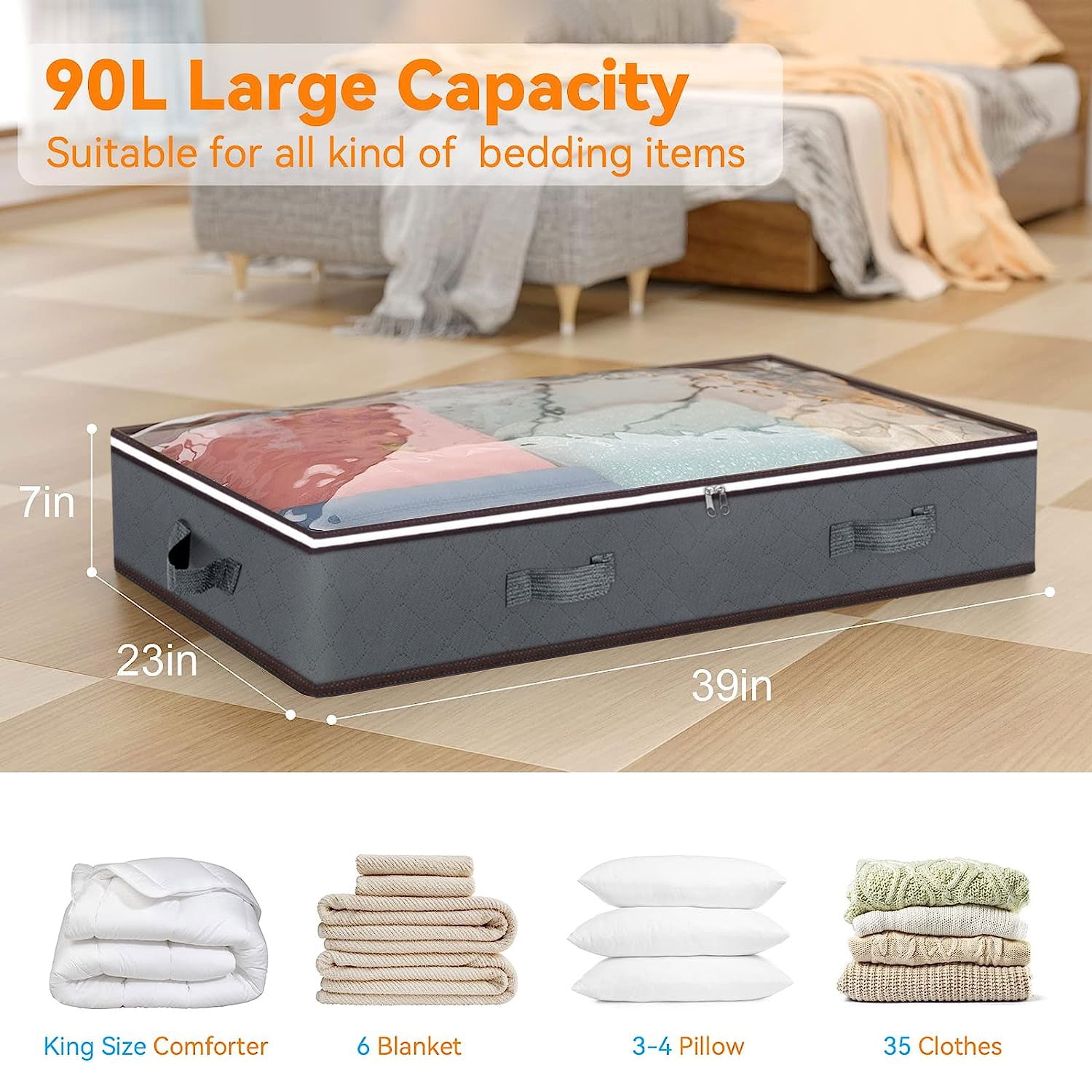 HadinEEon 4 Pack 90L Under Bed Storage Bags with Reinforced Handles, Visible Underbed Storage, Breathable Non-woven Closet Storage for Blanket, Comforter, Bedding