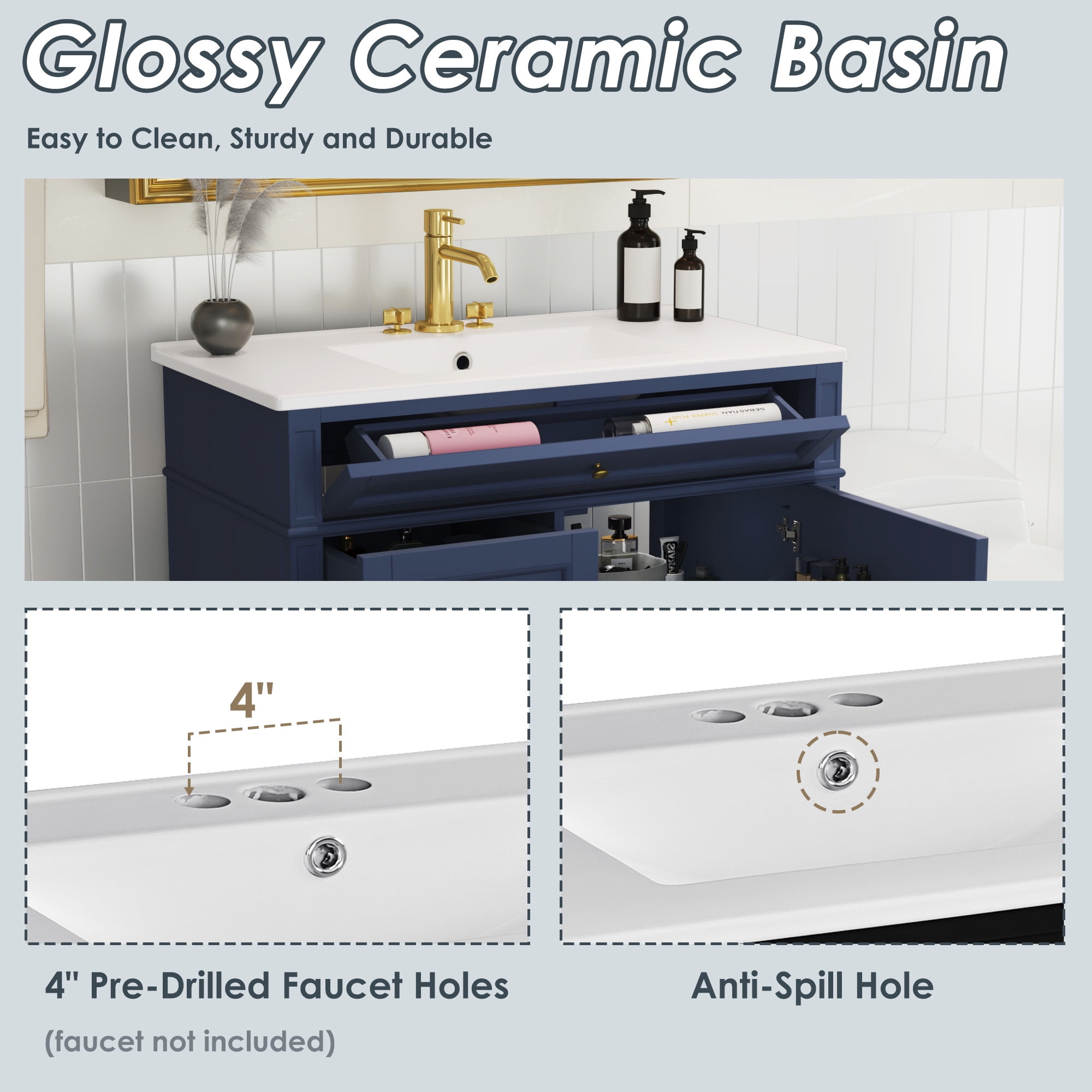 Euroco Freestanding Bathroom Vanity with Drawers and Cabinet Door Organizer, Modern Sink Cabinet, Easy Assembly