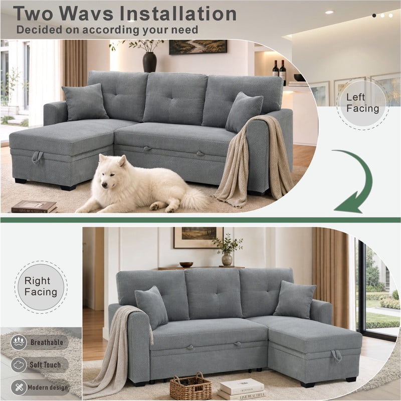 Convertible Sleeper Sectional Sofa with Pull-Out Bed & Reversible Chaise, Loveseat Couch with Hidden Storage for Small Spaces