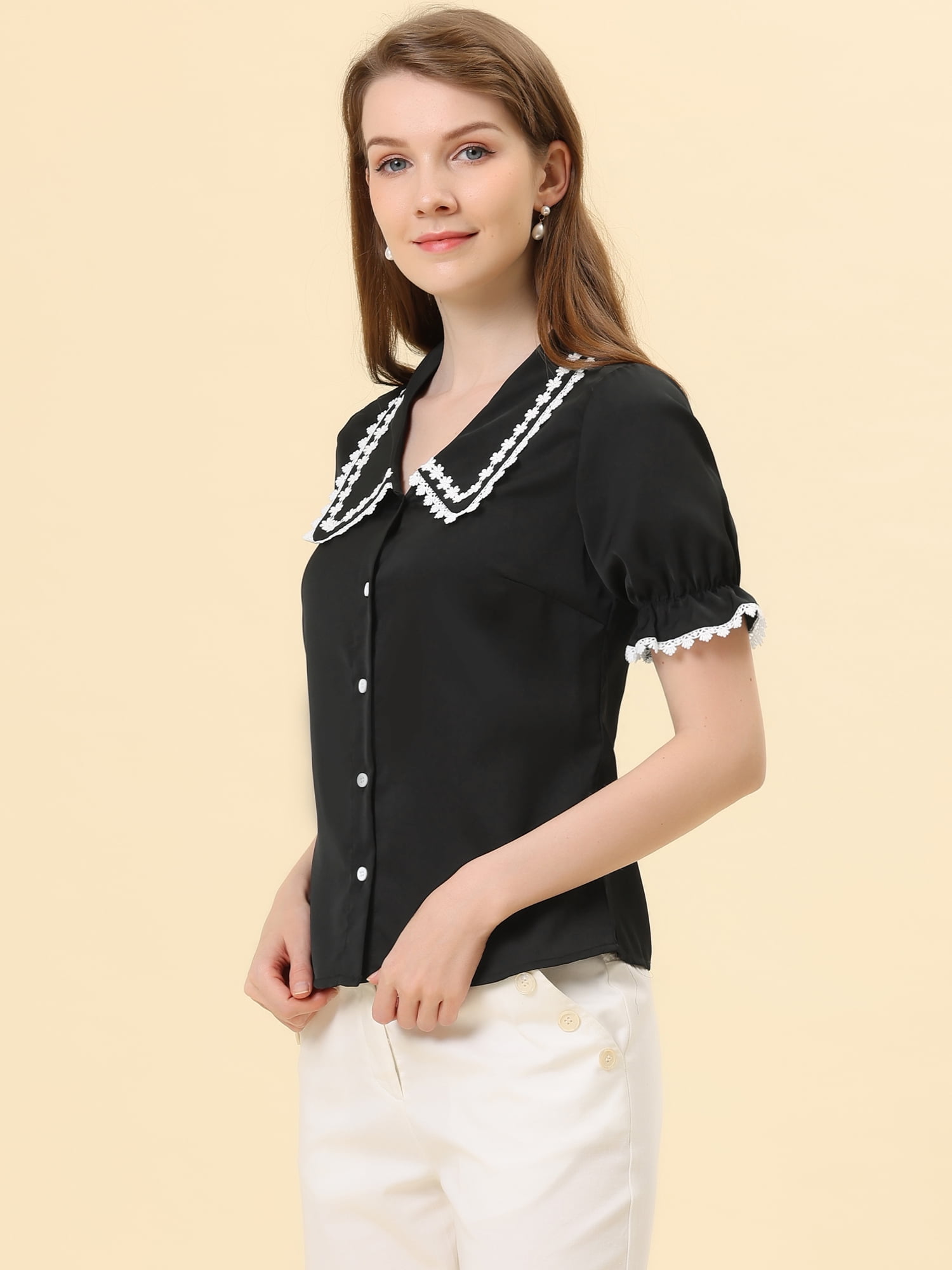 Unique Bargains Women's Sweet Peter Pan Contrast Collar Short Sleeves Blouse Black S