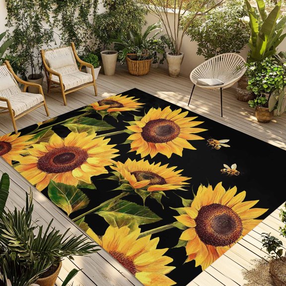 Fsddascl Sunflower Outdoor Rug for Patio/Deck/Porch, Non-Slip Large Area Rug 5 x 8 Ft, Summer Bee Botanical Floral Black Indoor Outdoor Rugs Washable Area Rugs, Reversible Camping Rug Carpet Runner