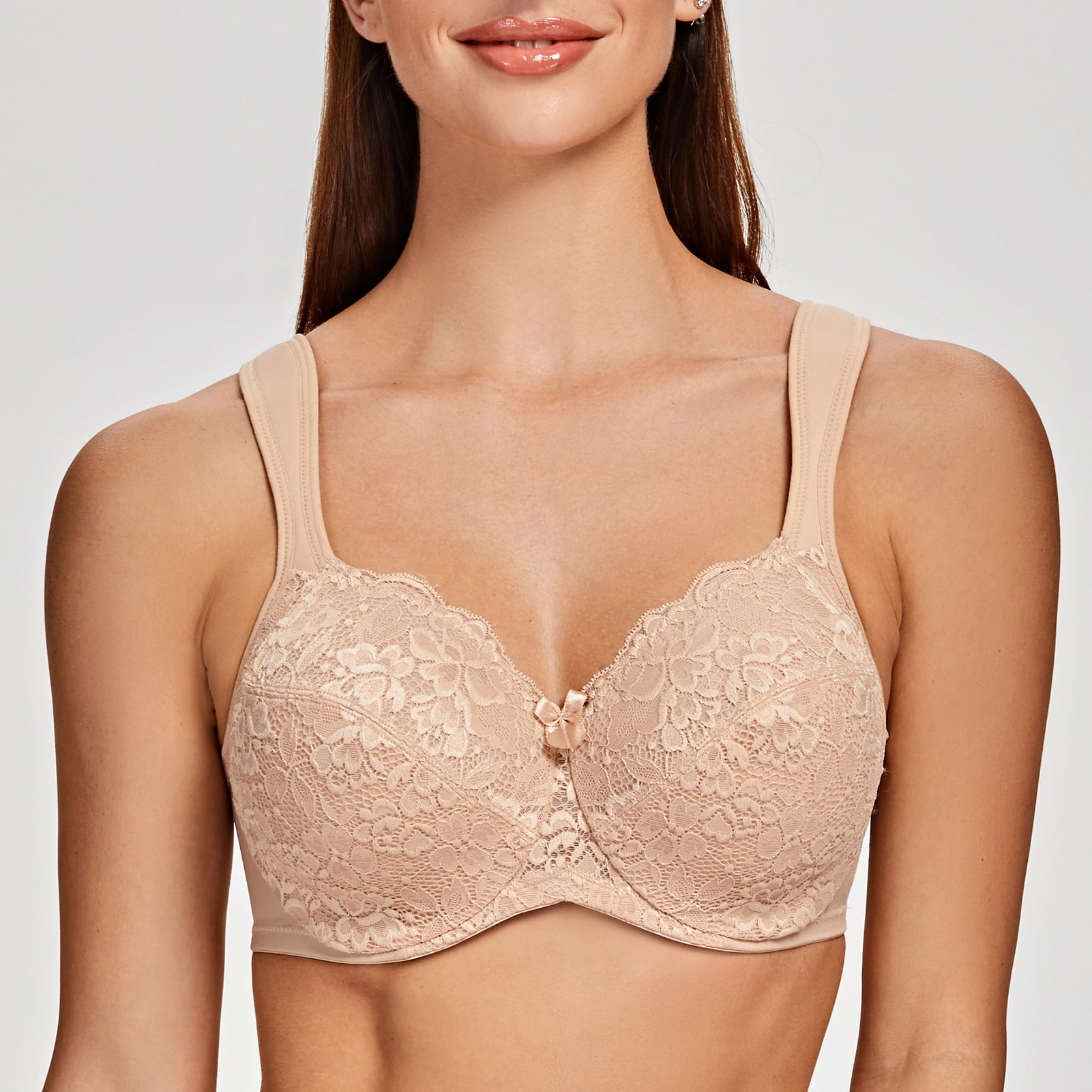 MELENECA Women's Floral Lace Non-Padded Minimizer Full coverage Underwire Bra Pale Nude-Lace 42D