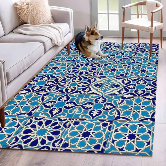 Vintage Morocco Area Rugs 3'x5', Washable Small Throw Rugs for Living Room Bedroom, Traditional Tribal Abstract Geometric Blue Indoor Outdoor Rug Non-Slip Low Pile Carpet Runner Reversible Floor Mats
