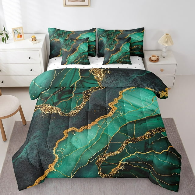 YST 7 Pcs Comforter Set Queen, Marble Bed In A Bag With Flat Sheet And Fitted Sheet For Kids And Adults, Golden Glitter Marbling Stone Pattern Bedding Set With Pillowcases & Shams,Green Gold