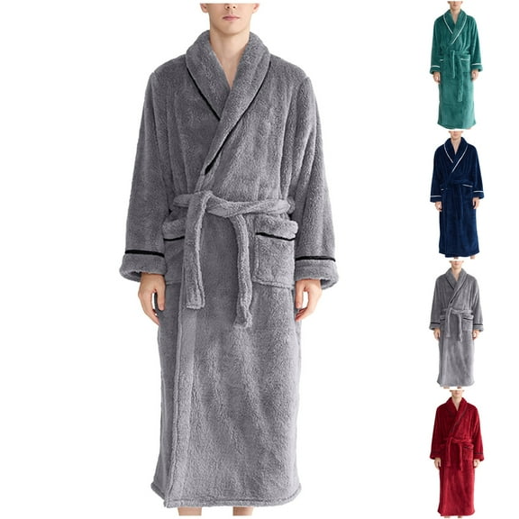 AnuYalue Robe for Men Fashion Flannel Nightgown V Neck Long Sleeve Bathrobe Solid Color Pajama Shirt with Pockets