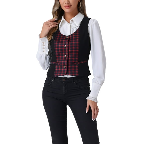 INSPIRE CHIC Women's Vintage Waistcoat Vest Plaid Button Down Work Dressy Vests L Red