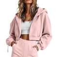 thumbnail image 3 of Tnhcen Women's Cropped Zip Up Hoodie Long Sleeve Sweatshirt Solid Color Casual Loose Fit Jacket with Drawstring Hood Active Wear Yoga Top Streetwear Basic Essentials S-2XL Autumn Winter, 3 of 7