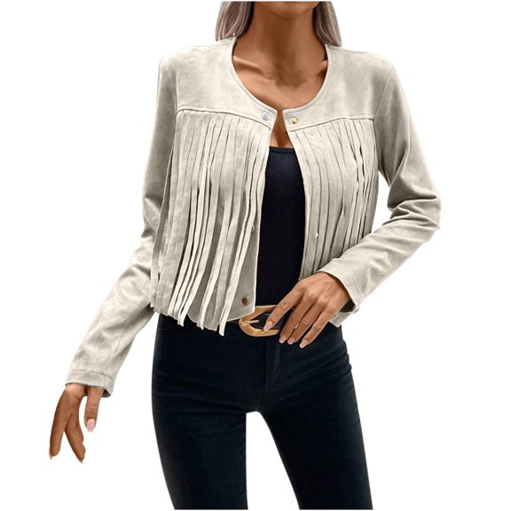 VEKDONE 2025 Clearance Fringe Jacket Women Western Faux Suede Leather Cardigan Jacket Cowboy Style Long Sleeve Solid Color Tassels Coat