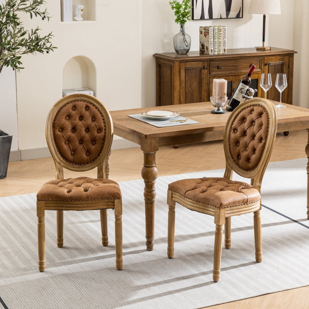 French Style Dining Chairs Set of 2, Solid Wood Upholstered Side Chairs with Tufted PU Leather, Nailhead Trim, Oval Back, Orange