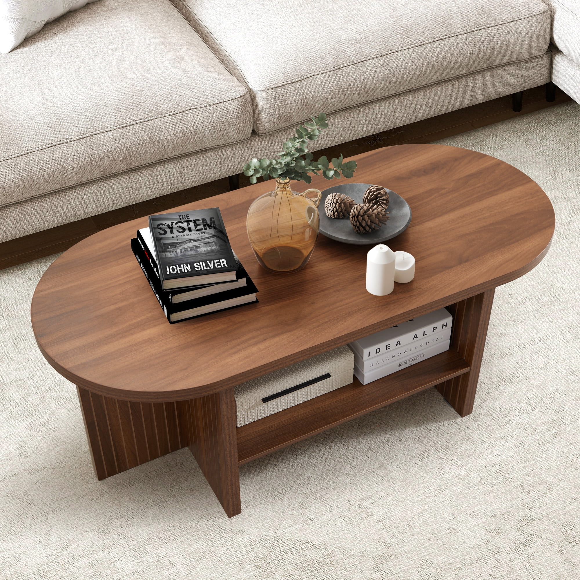 Wirrytor 43.3” Oval Coffee Table, Farmhouse Coffee Tables for Living Room Small, Fluted Coffee Table with Open Storage Shelf, Wood Center Table for 2-Tier Coffee Table, Walnut