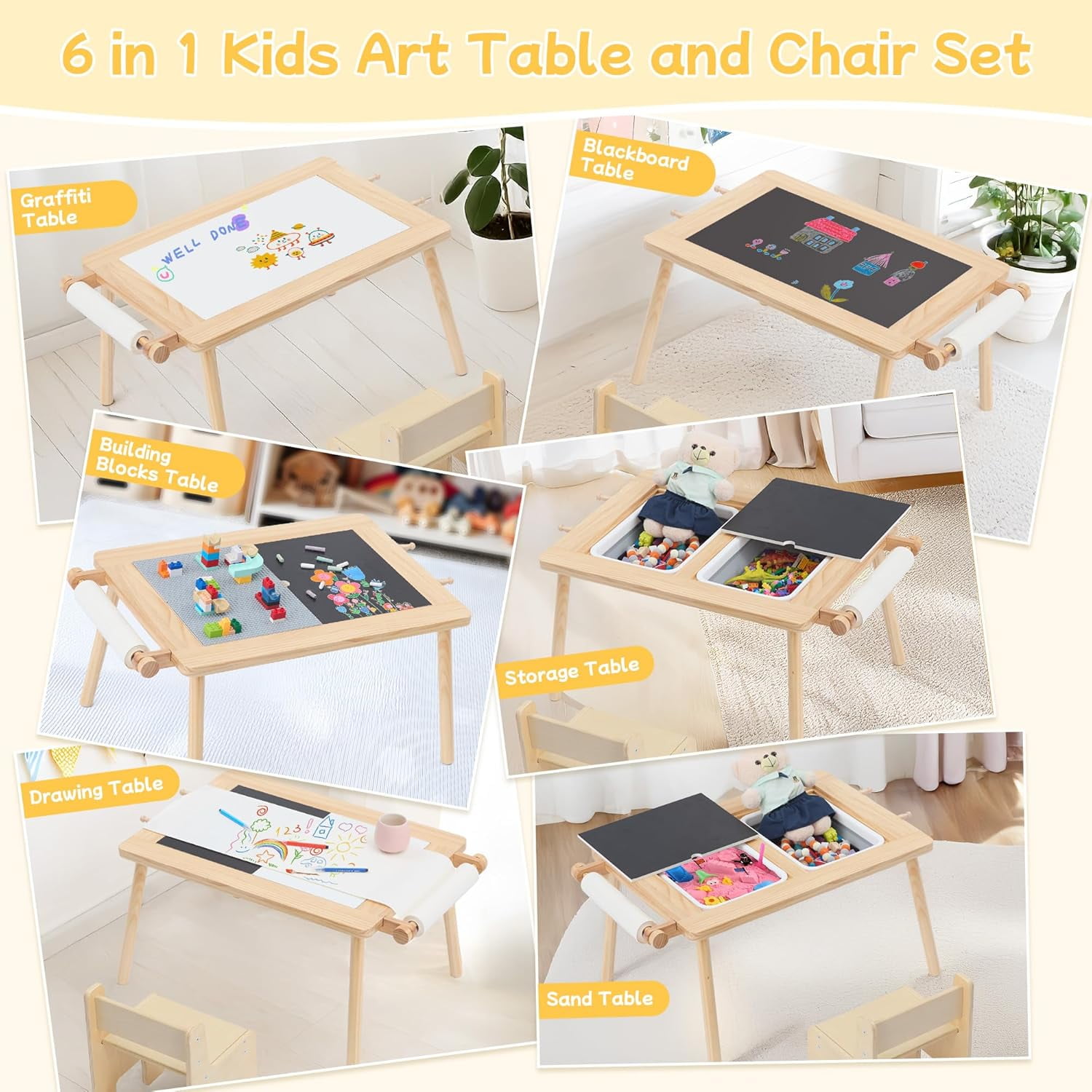 Sensory Table and Chair for Toddlers 2-8, Wood Kids Activity Table with Storage Bins, Toddler Play Table with Roll Holder for Drawing Paper, Kids Art Tables with Double-Sided Graffiti