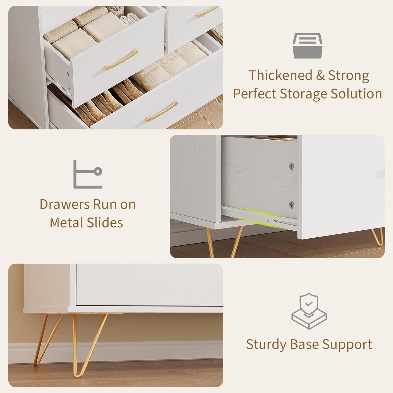 White Dresser for Bedroom, 47" Wide Chest of Drawers with LED Lights, Charging Station & 5 Smooth-Sliding Drawers, Modern Wood Storage Cabinet for Entryway, Hallway, Living Room