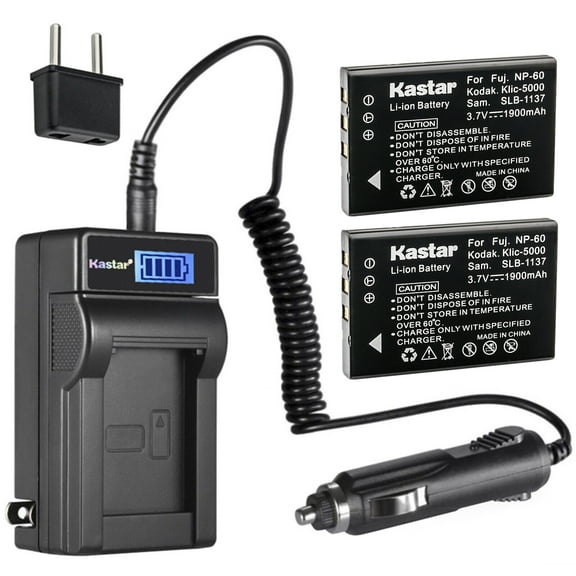 Kastar 2-Pack NP-60 Battery and LCD AC Charger Compatible with Toshiba Camileo S10, Allegretto 5300, PDR-5300, PDR-T20, PDR-T30, OLYMPUS AZ-1, AZ-2 Zoom, Ferrari Digital Model 2004, CASIO QV-R3 QV-R4