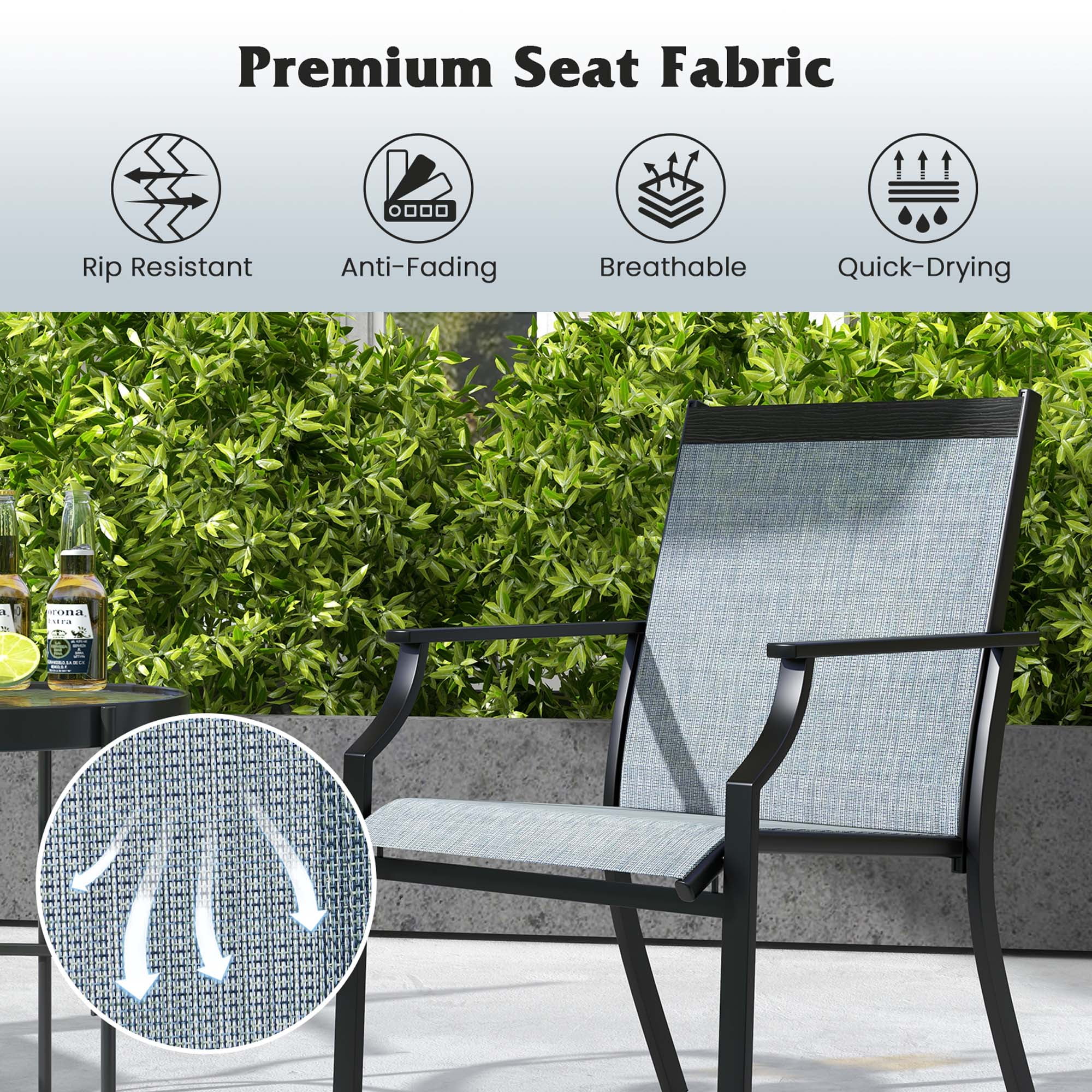 Costway 2 Piece Patio Dining Chairs Large Outdoor Chairs with Breathable Seat & Metal Frame Blue/Coffee/Grey/Red