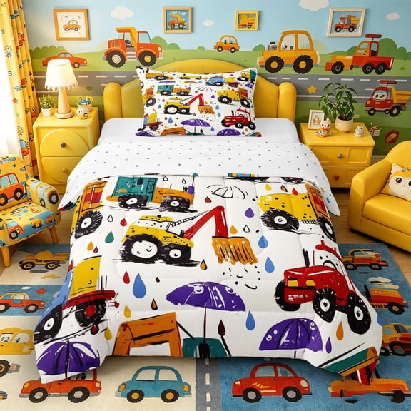 Castle Fairy Graffiti Cartoon Engineering Truck Twin Comforter Sets 3-Piece for Children, Umbrella Raindrop Bedding Set for Bedroom, Yellow Red