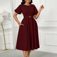 thumbnail image 6 of Ruimatai Women's Round Neck Puff Sleeve Belted A-Line Midi Dresses for Women Formal Party & Office Wear, 6 of 7