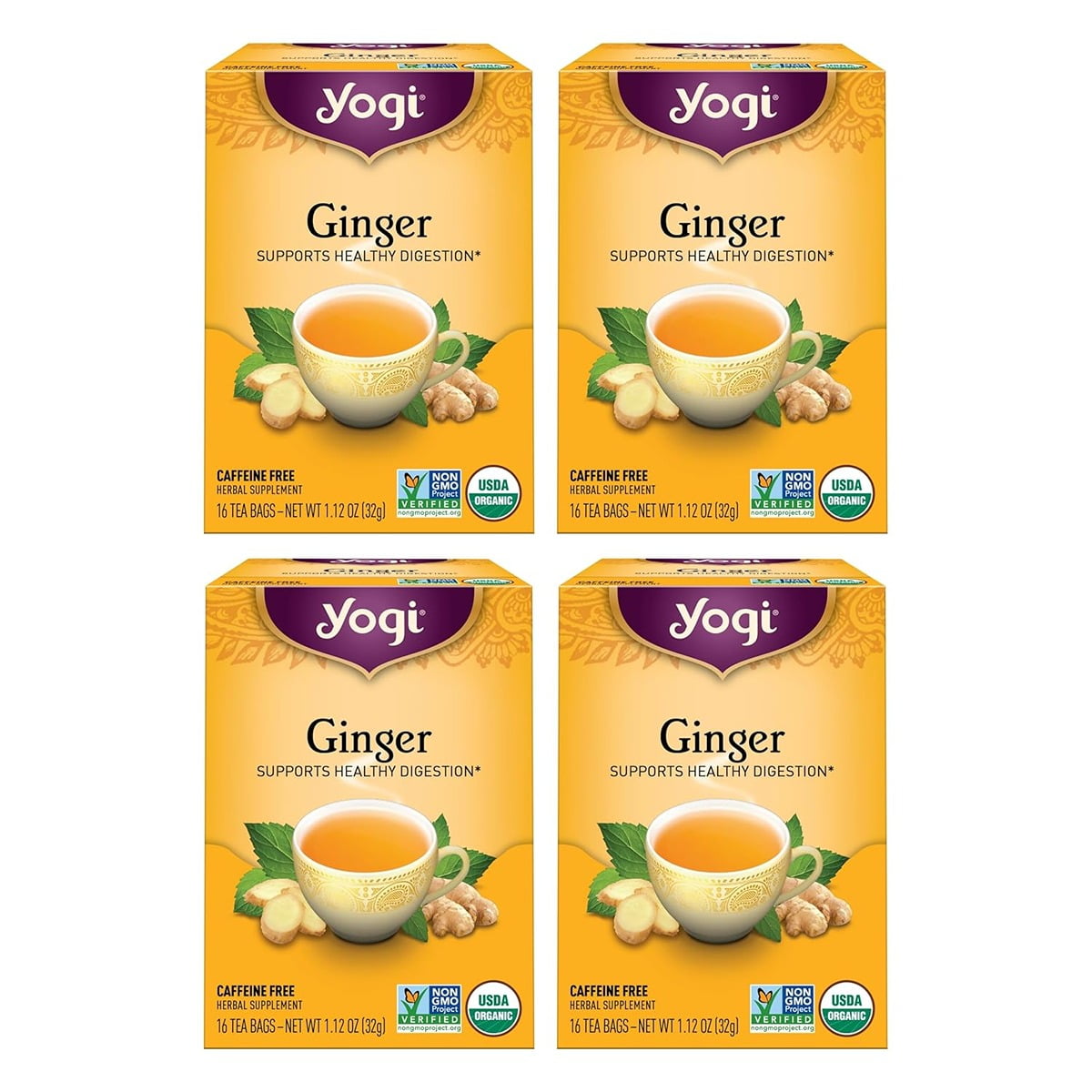Yogi Tea Ginger, Caffeine-Free Organic Herbal Tea Bags, 4 Boxes of 16