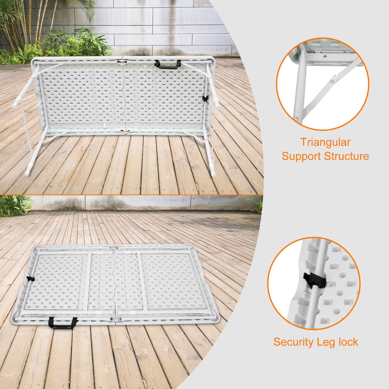 4ft White Portable Folding Table, Indoor Outdoor Waterproof HDPE Foldable Table, Triangular Reinforced 25mm Powder Coated Steel Frame, 135KG Max Load for Camping BBQ Party Exhibition