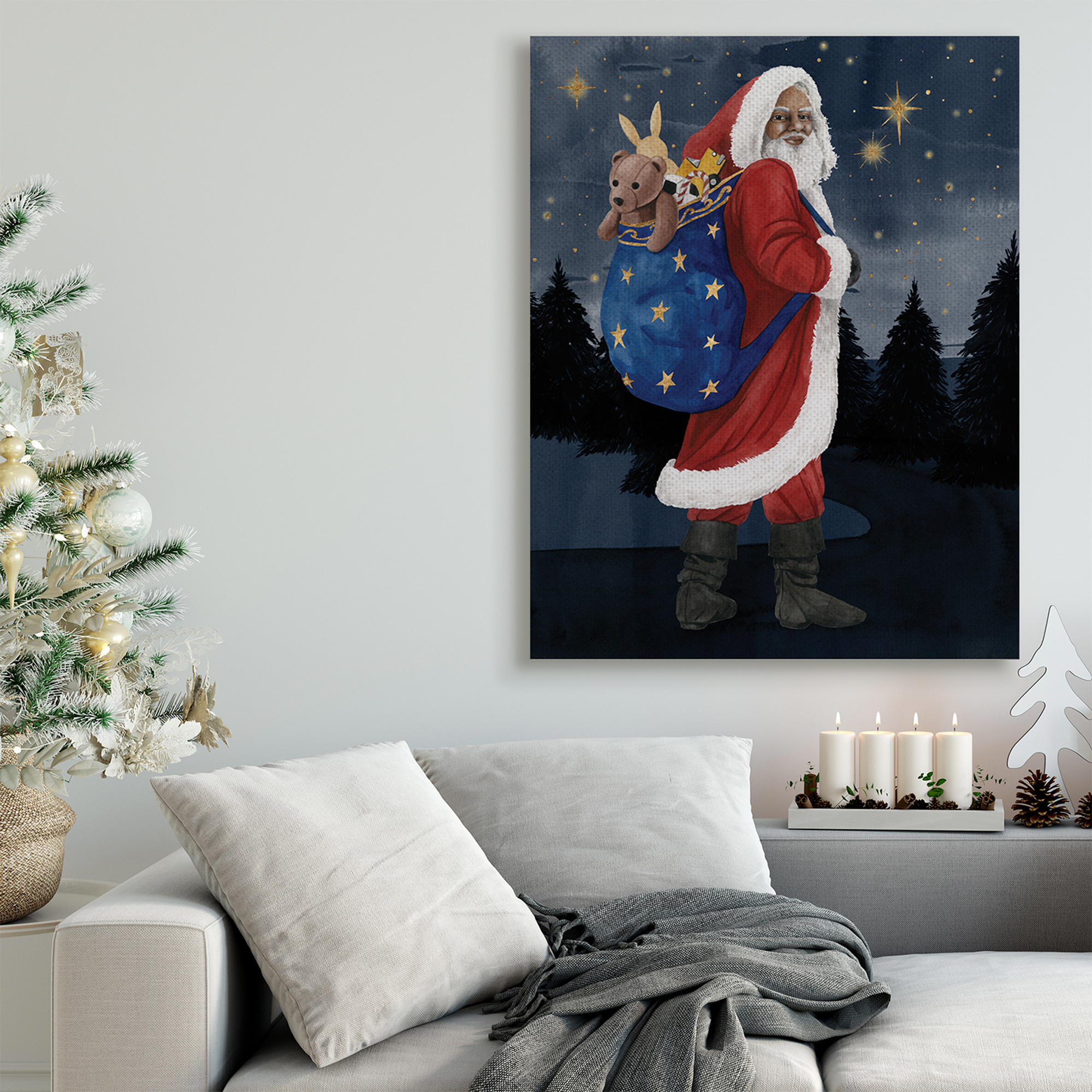Stupell Industries Santa Claus Sack of Toys Under Night Sky Holiday Painting Gallery Wrapped Canvas Art Print Wall Art, 36 x 48