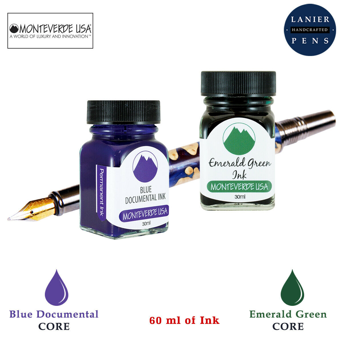 Monteverde 60ml Core Fountain Pen Ink Bottle (30ml Blue Documental Ink Bottle G309DU, 30ml Emerald Green Ink Bottle G309EG)