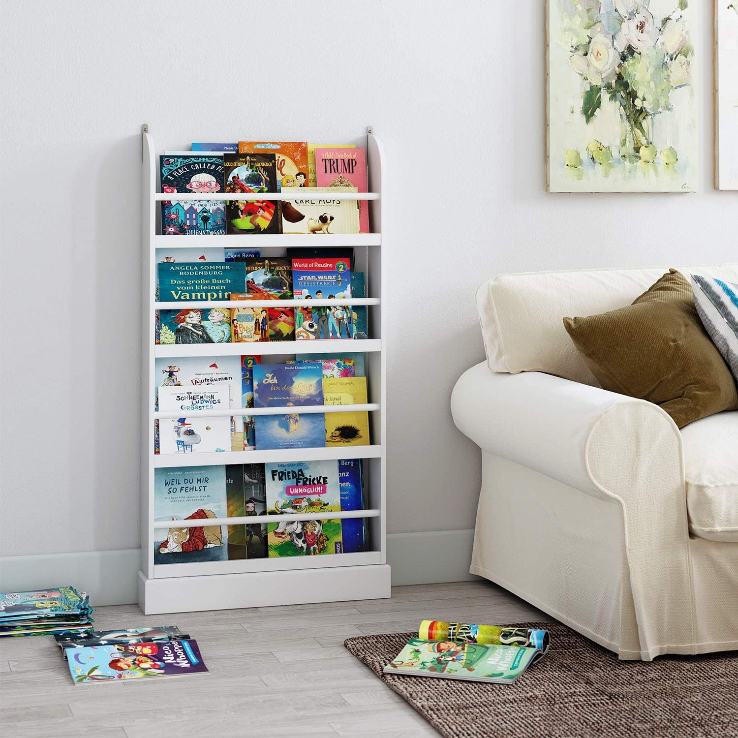 Homfa 4 Tier Kids Bookshelf, Wall Storage Bookshelf Organizer for Playroom Kids Room, White Finish