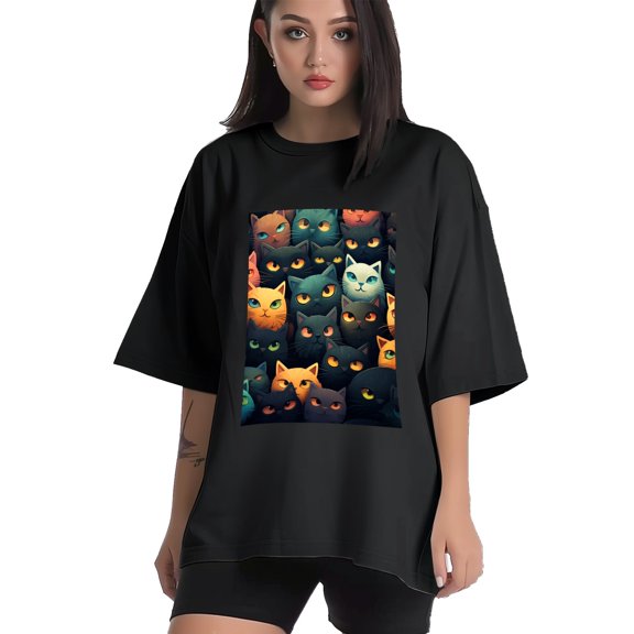 Plus Size Shirt for Women Black Tops for Women Short Sleeves Shirt for Women Cats T Shirt Crewneck Shirt for Women XS