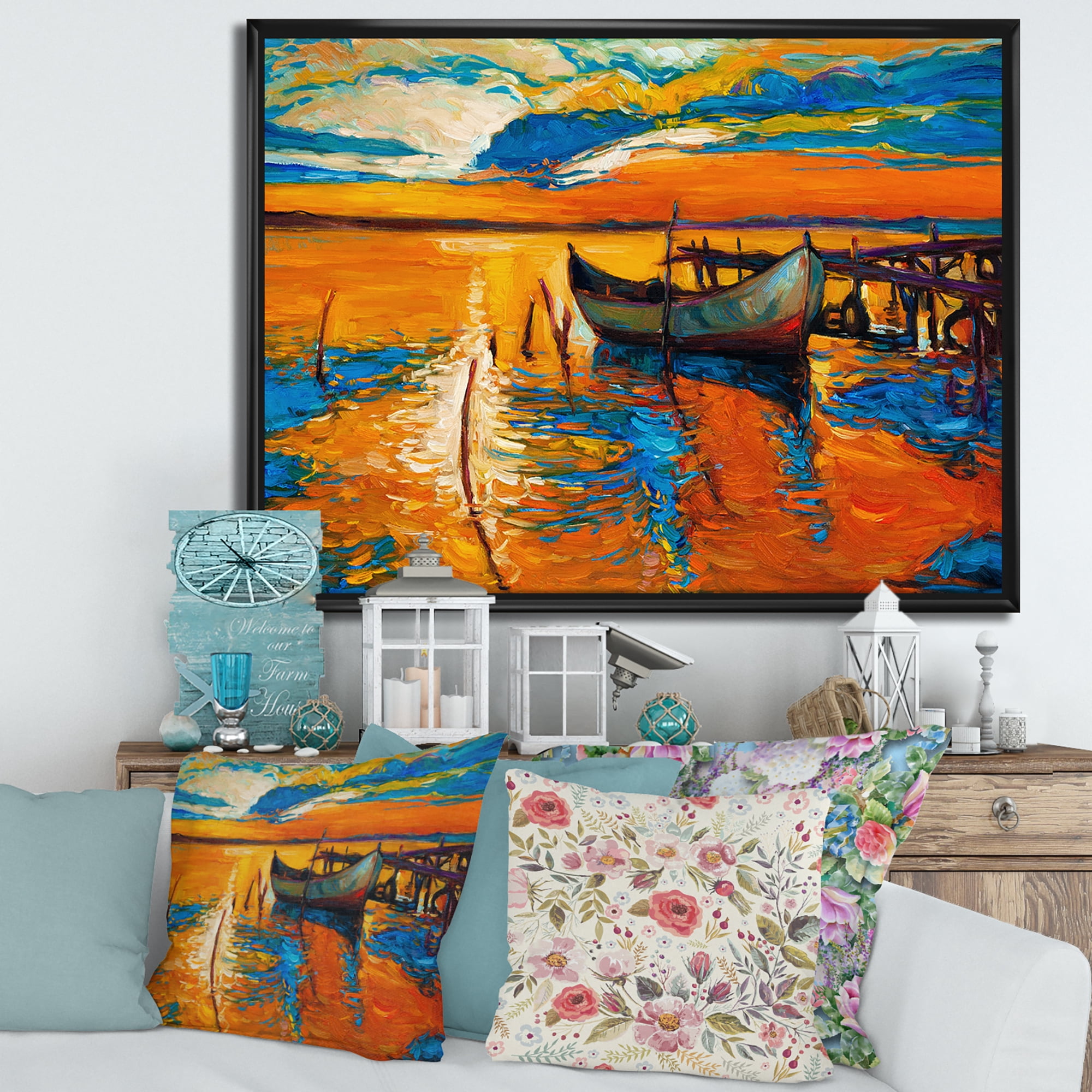 Designart 'Boat At The Lake During Evening Glow VII' Nautical & Coastal Framed Canvas Wall Art Print