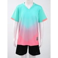 thumbnail image 3 of Manyakai Kids Boys 2 Piece Gradient Print Soccer Uniform Set Short Sleeve V Neck T-Shirt+ Sport Mint Green&Pink 3XS, 3 of 7