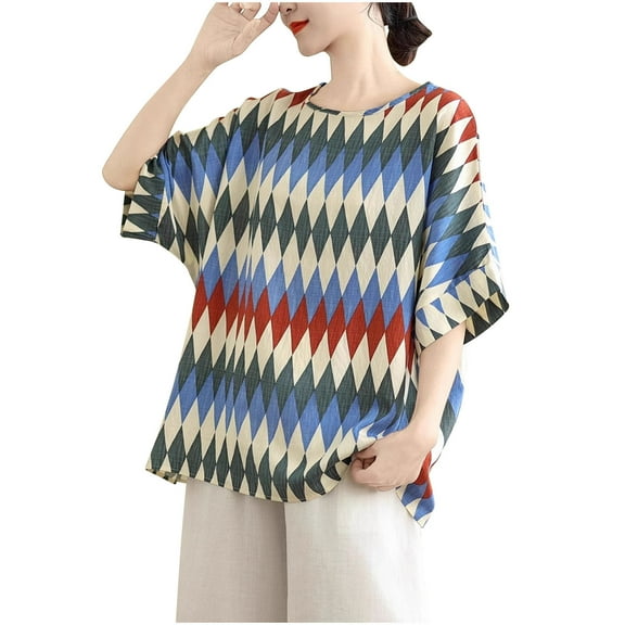 EINCcm Summer Tops for Women Vintage Printed Blouse Short Sleeve Crew Neck T-Shirt Casual Comfy Tops