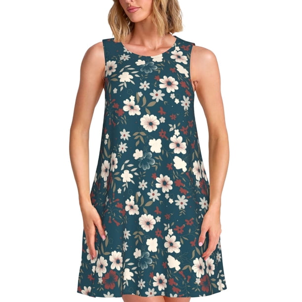 Vestido De Verano Para Mujer Elescat - Sin Mangas, Estampado Floral, Holgado, Con Bolsillos, Color Negro Sky, Talla XXL