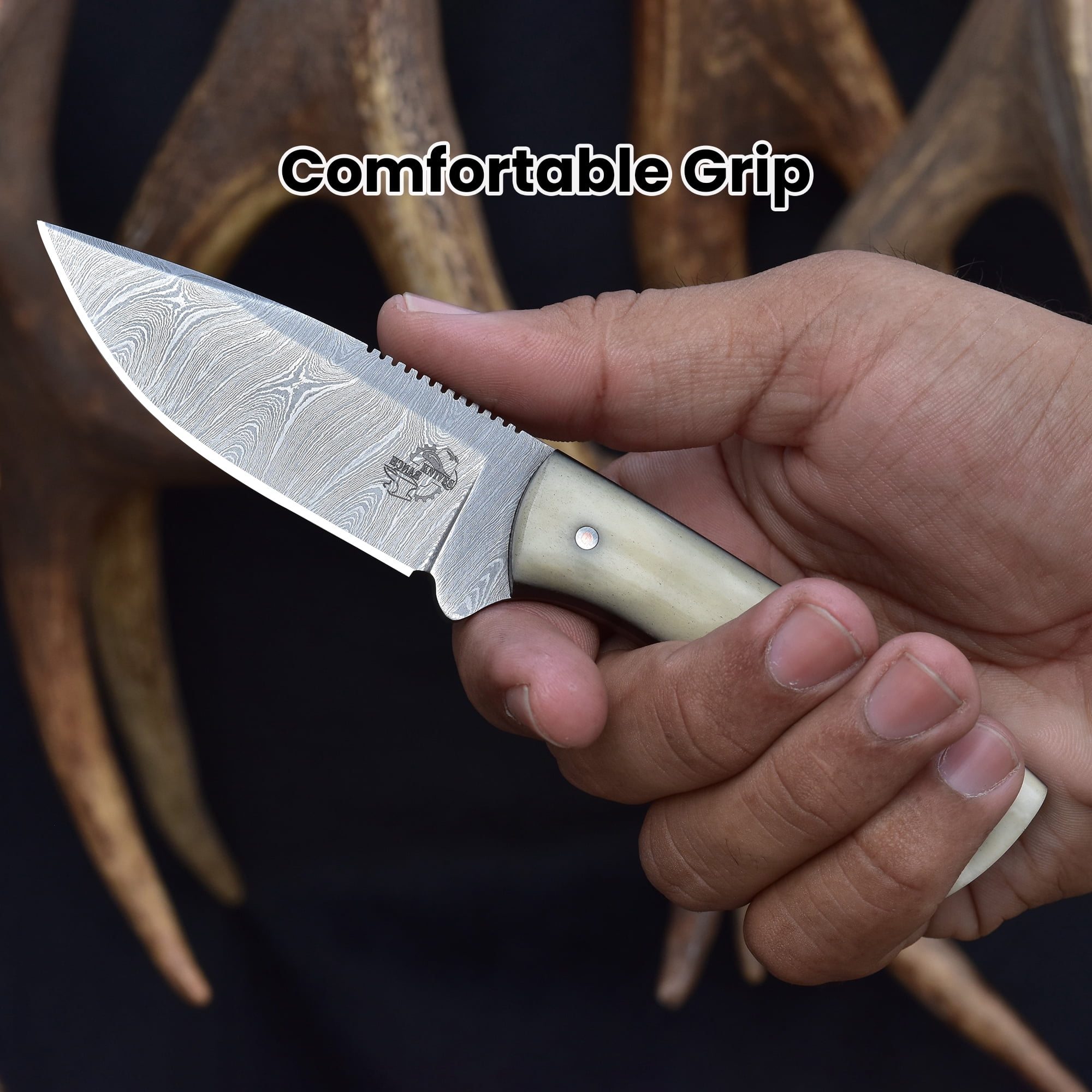 Knives Ranch 4402 Damascus Steel Fixed Blade Knife with Bone Handle – Hand Forged Hunting Knife, Razor Sharp Outdoor Camping Survival Knife