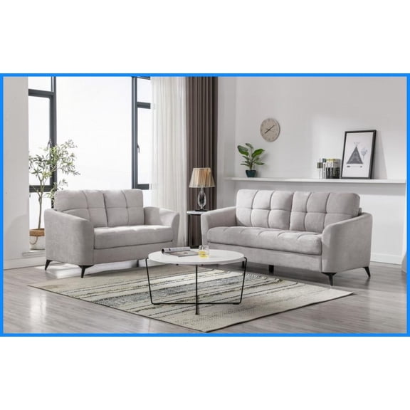 Callie Modern Light Gray Woven Fabric Sofa & Loveseat Set – Tufted Cushions & Pocket Coil Seating for Living Room