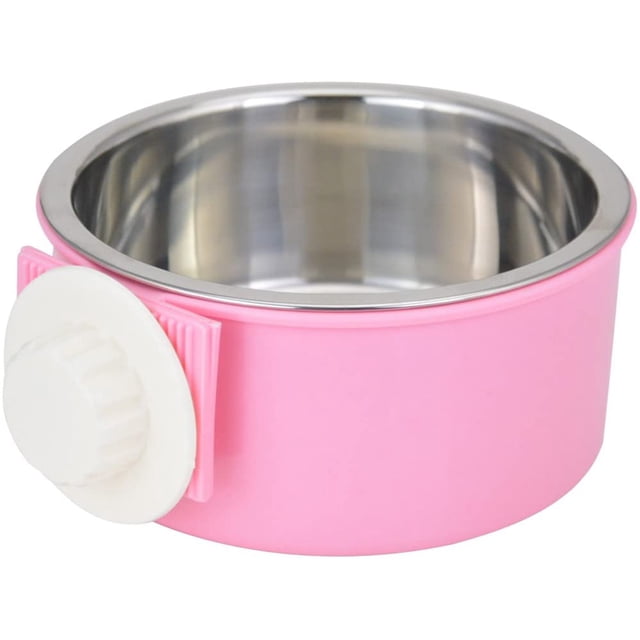 Jaula colgante para mascotas, cuenco extraíble de acero inoxidable, cuenco para agua y comida, alimentador de animales PEQUEÑOS para perros y gatos de color rosa JM