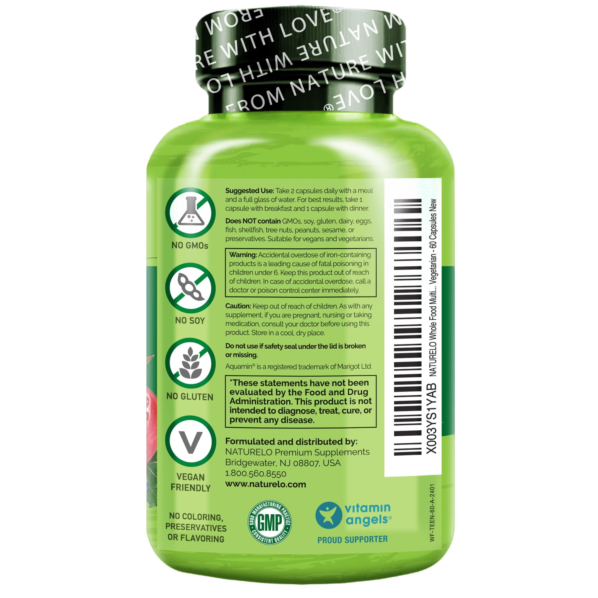 NATURELO Teen Multivitamin - Whole Food Multivitamin - with Minerals for Teenage Boys & Girls - Supplement for Active Kids - Non-GMO - Vegan & Vegetarian - 60 Capsules