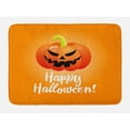 thumbnail image 1 of Halloween Bath Mat, Spooky Smiling Pumpkin Symbol with White Calligraphy Print, Plush Bathroom Decor Mat with Non Slip Backing, 29.5" X 17.5", Orange Scarlet and Lime Green, by Ambesonne, 1 of 2