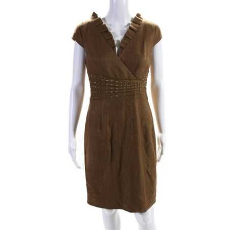 

Pre-owned|Kay Unger Womens V Neck Pleated Trim Studded Midi Dress Brown Size 4