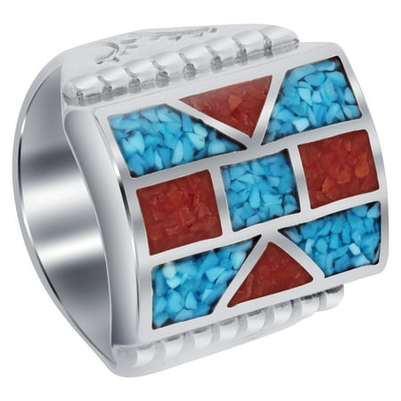 Gem Avenue Men's 925 Sterling Silver Turquoise & Coral Mosaic Design