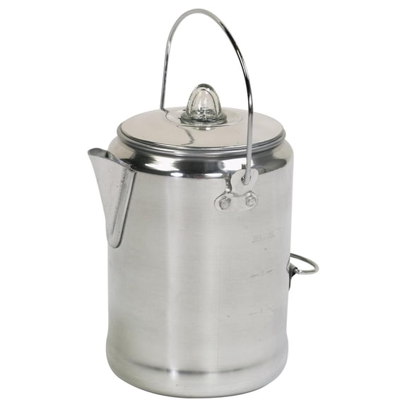 Camp Coffee Pot Percolator - 9 Cup Stainless Steel Camping Coffee Maker for Campfire & Outdoor Use; Lightweight Aluminum Basket & Wire Handle