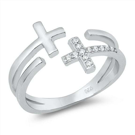 Clear CZ Double Crosses Split Band Ring Sterling Silver Size 10