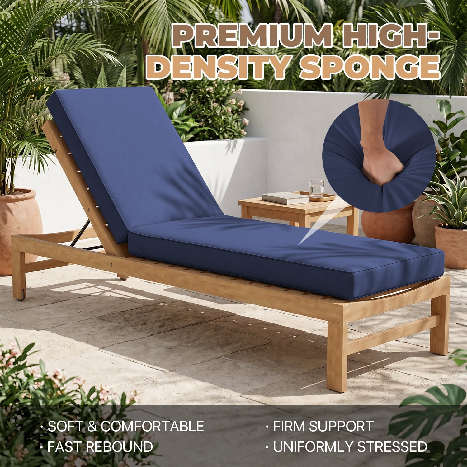 BaPiPro Navy Outdoor Chaise Lounge Cushion, Waterproof Patio Lounge Chair Pad with High-Density Foam, Removable Cover & Secure Ties for Poolside, Garden & Patio