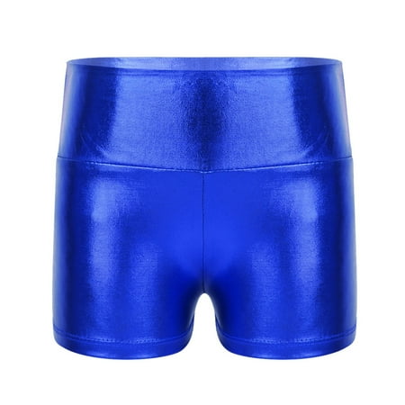 JanJean Girls Metallic Shiny Sports Shorts Ballet Dance Workout Gymnastic Hot Shorts Bottoms Activewear Royal Blue 10