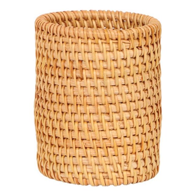Hand Woven Rattan Pen Holder Cups Wicker Makeup Brush Storage Basket Kitchen Cookware Organizer Caddy Home Table Decoration