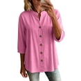 thumbnail image 2 of HongQid Womens Linen Blend Button Down Tunic Ladies Mandarin Neck Pleated Bust 3/4 Sleeve Blouse Casual Shirts, 2 of 7