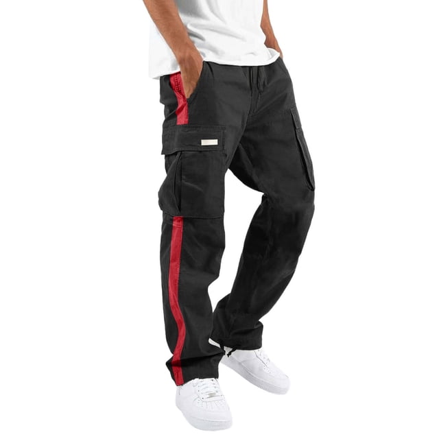 Faithtur Men Baggy Pants Drawstring Waistband Contrast Color Cargo Pants Multiple Pockets Jogger Pants