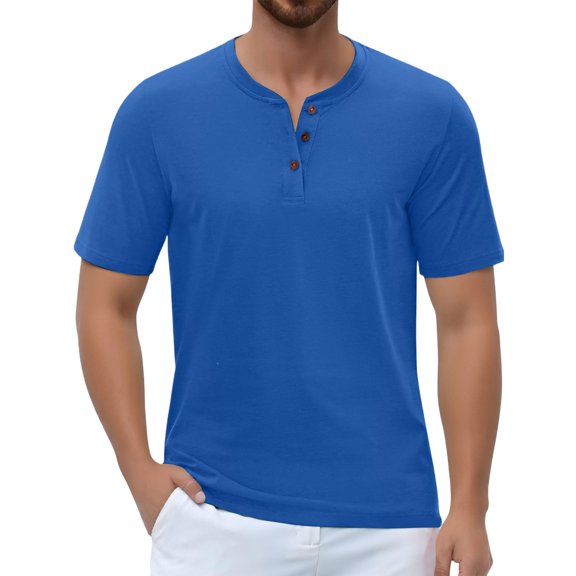 Yifymode Men’s Henley Shirt Casual Short Sleeve T-Shirt for Summer Beach Vacation,Blue S