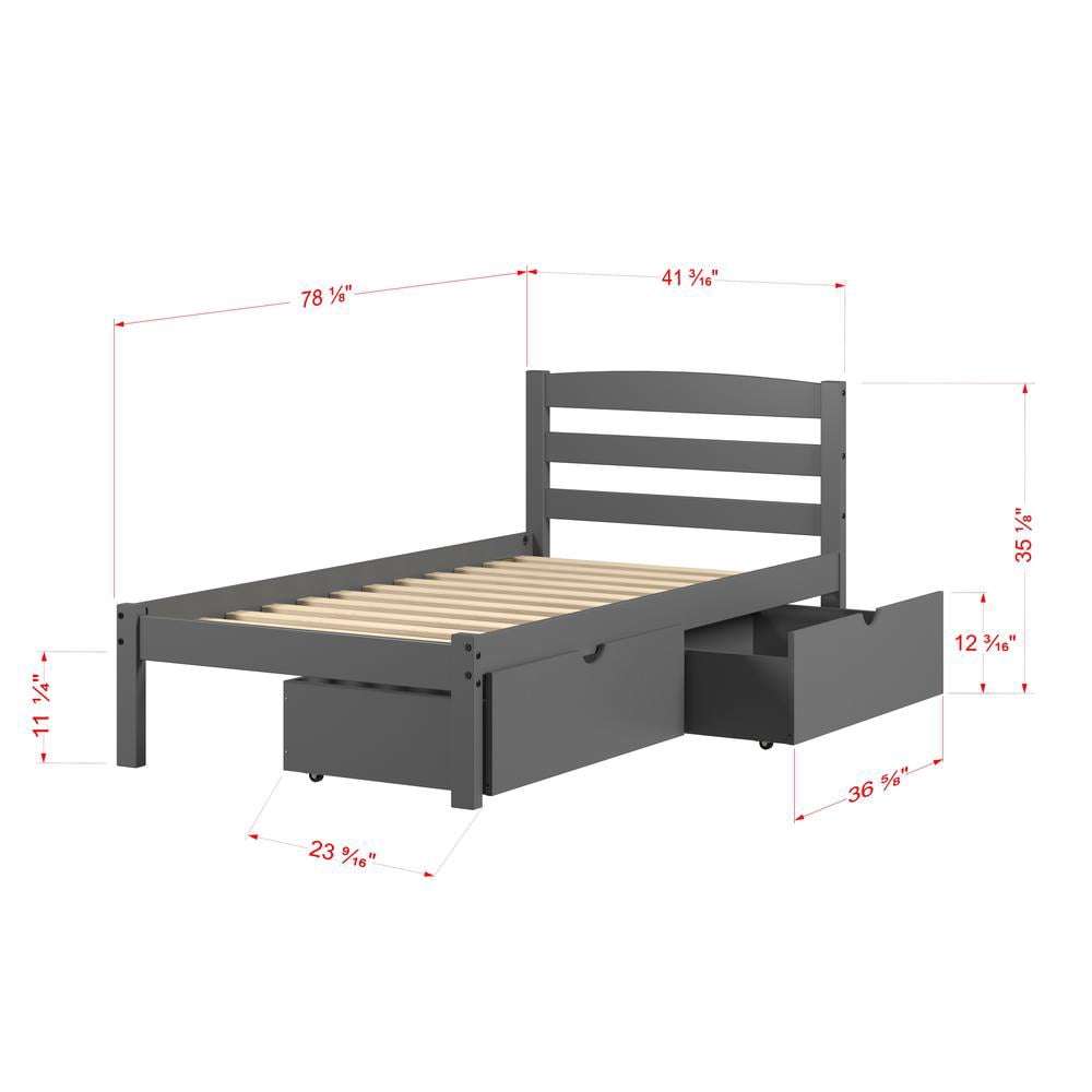 Donco Kids Econo Scandinavian Twin Dark Grey Bed with Dual Underbed Drawers, Twin, Dark Grey