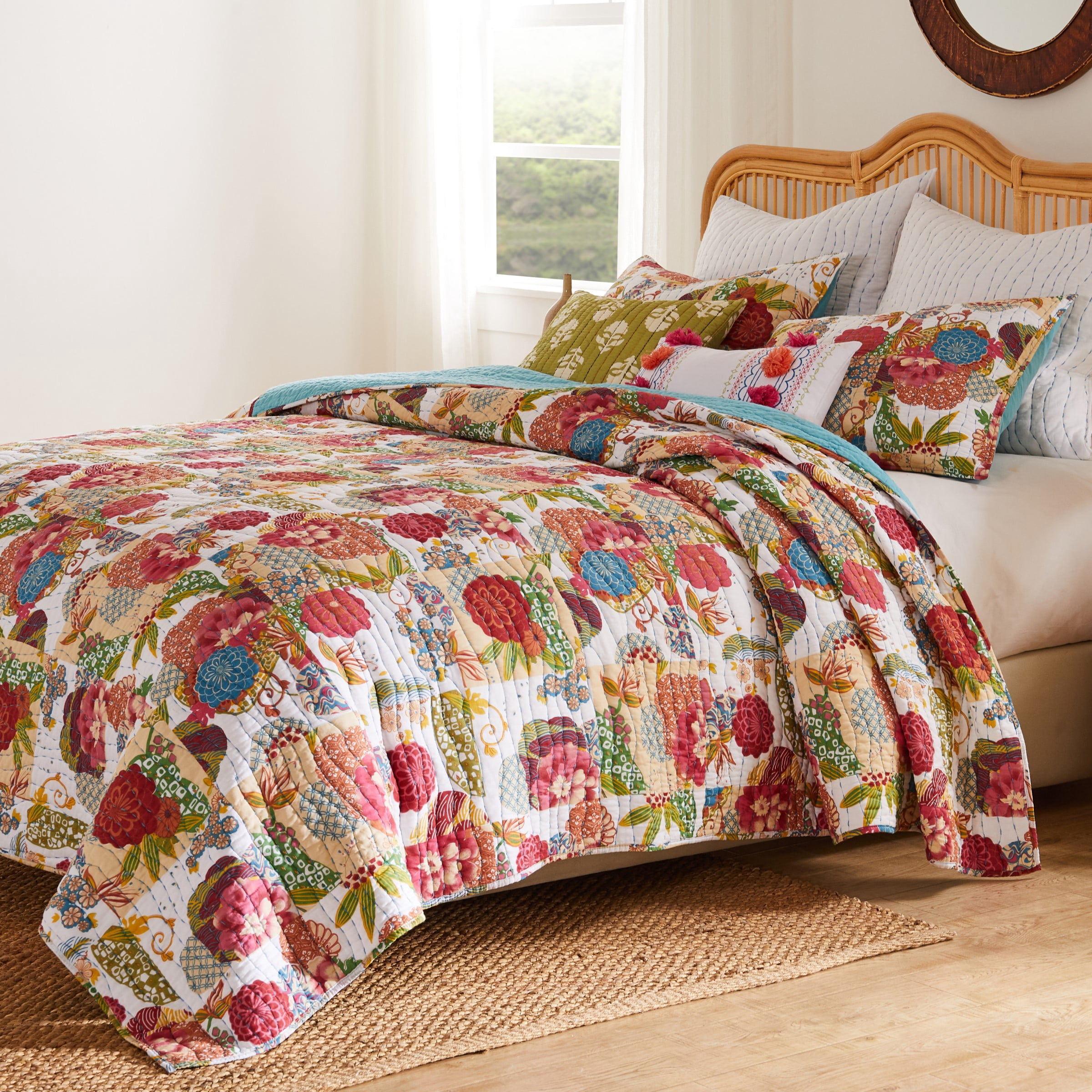 Greenland Home Fashions Jewel Kantha-Stitched Boho White 100% Cotton Quilt Set, 2-Piece Twin-XL
