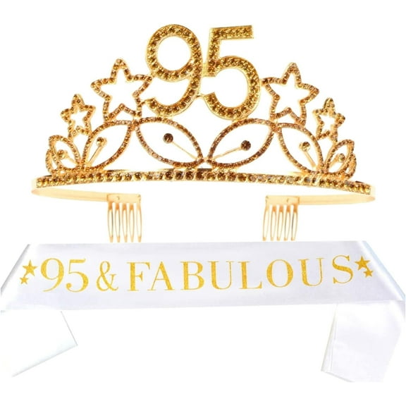 95th Birthday Sash & Tiara for Women - Glitter Sash   Stars Rhinestone Gold Premium Metal