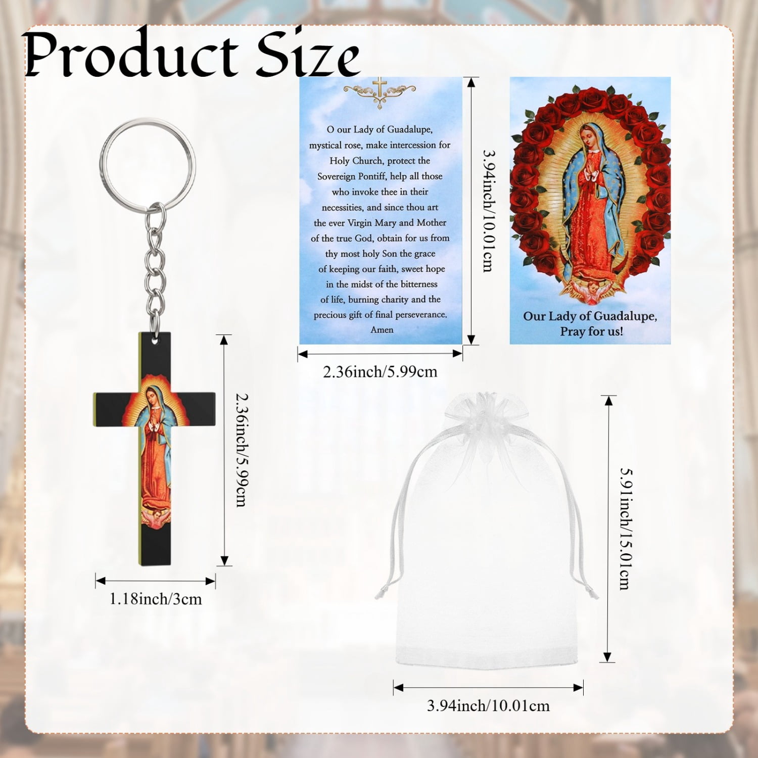 50Set Religious Keychain Gift Set, Featuring Our Lady of Guadalupe Acrylic Keychains Prayer Cards and Organza Bags, Ideal for Weddings Baptisms Spiritual Favors and Religious Events