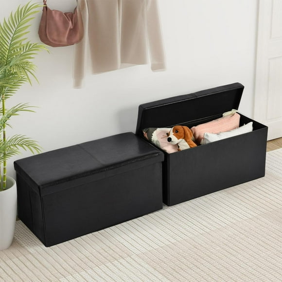 Homy Casa 2 Pack Foldable Storage Dresser Bench, Faux Leather Seat with Hidden Space, Black